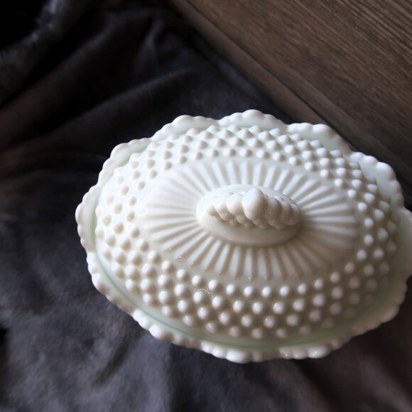 Vintage Fenton Marked Milk Glass Hobnail Textured Oval Lidded Candy Bowl - Picture 3 of 16